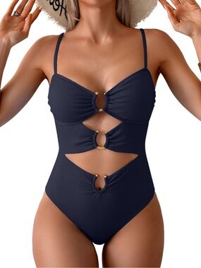 EoMenie One Piece Cutout Monokini Swimsuit Women’s US Size L Blue Ribbed